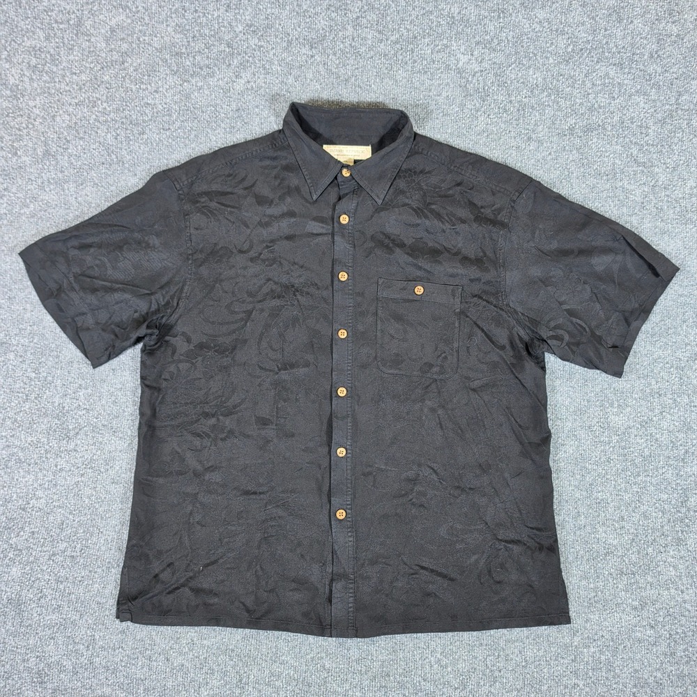 Island Republic Mens XXL Black 100% Silk Jacquard Floral Short Sleeve Camp Shirt